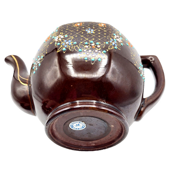 Vtg Hand Painted Teapot Redware Japan Moriage Brown Orange Blue Gold Trim 6.5x8 - Picture 11 of 14
